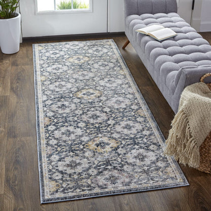 4' X 6' Blue And Gold Floral Stain Resistant Area Rug