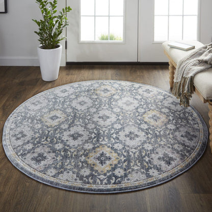 4' X 6' Blue And Gold Floral Stain Resistant Area Rug