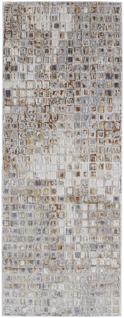 4' X 6' Tan Ivory And Blue Geometric Power Loom Distressed Area Rug