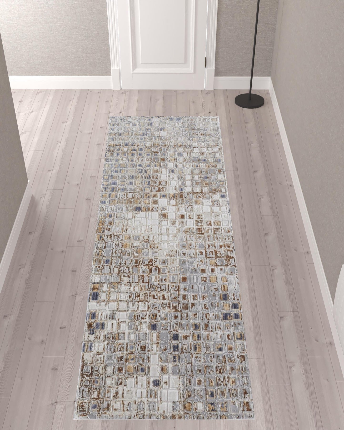 4' X 6' Tan Ivory And Blue Geometric Power Loom Distressed Area Rug