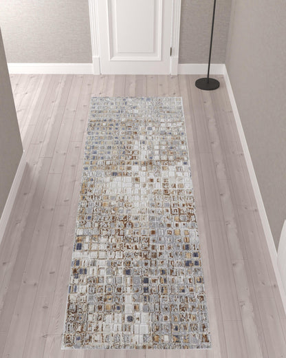 4' X 6' Tan Ivory And Blue Geometric Power Loom Distressed Area Rug