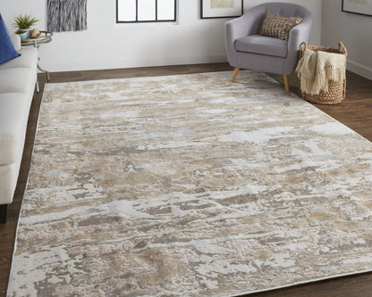 4' X 6' Tan Orange And Ivory Abstract Power Loom Distressed Area Rug
