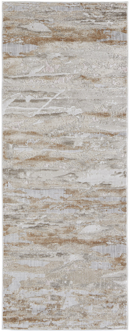 4' X 6' Tan Orange And Ivory Abstract Power Loom Distressed Area Rug