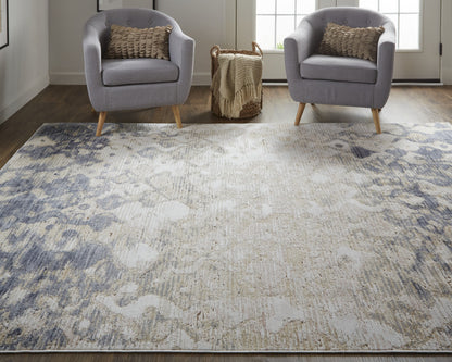 4' X 6' Tan Ivory And Blue Abstract Power Loom Distressed Area Rug