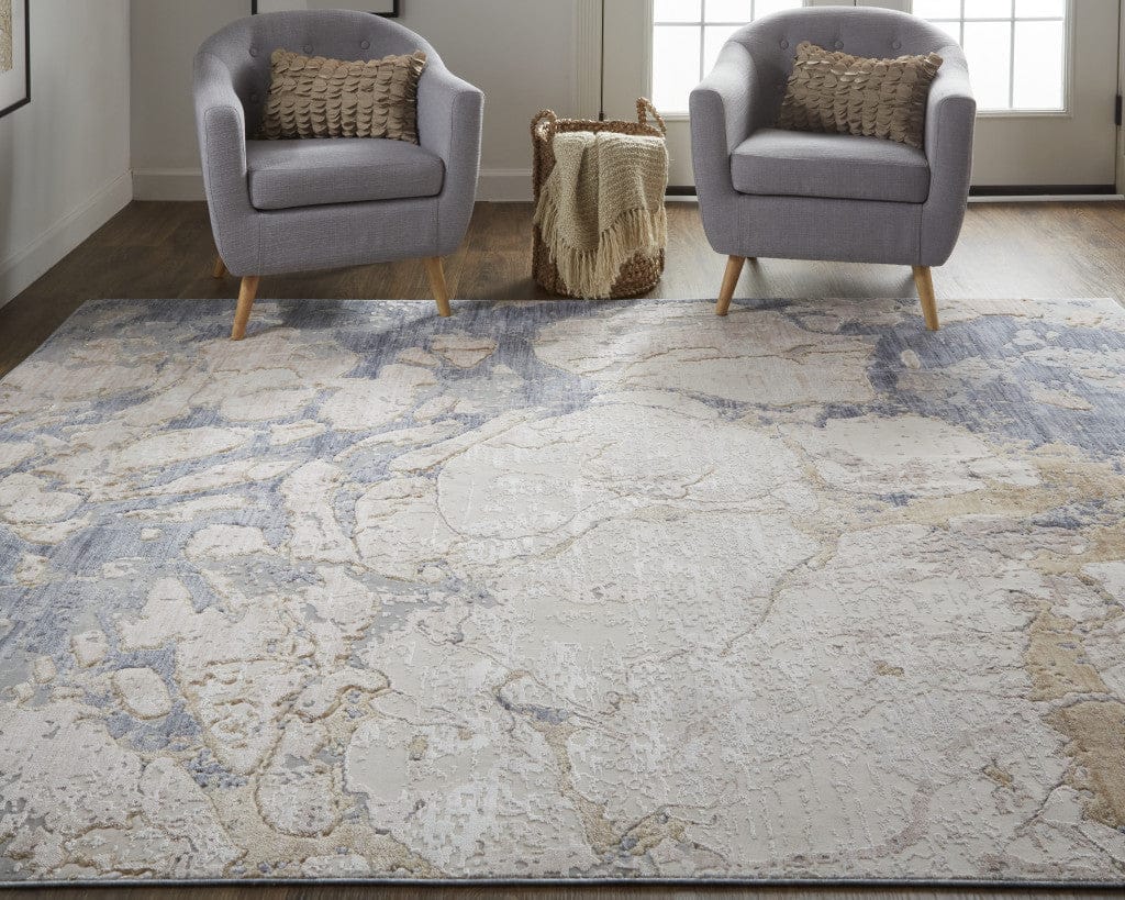 4' X 6' Ivory And Blue Abstract Power Loom Distressed Area Rug
