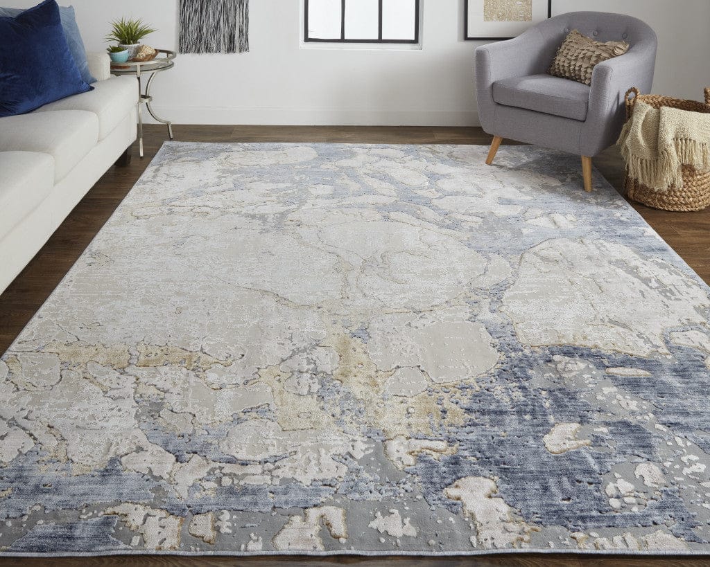 4' X 6' Ivory And Blue Abstract Power Loom Distressed Area Rug