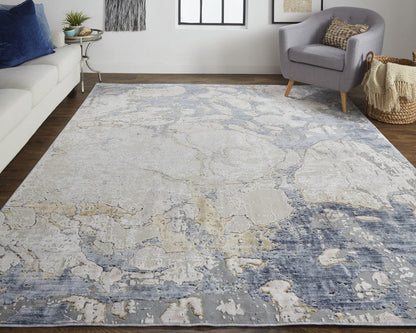 4' X 6' Ivory And Blue Abstract Power Loom Distressed Area Rug