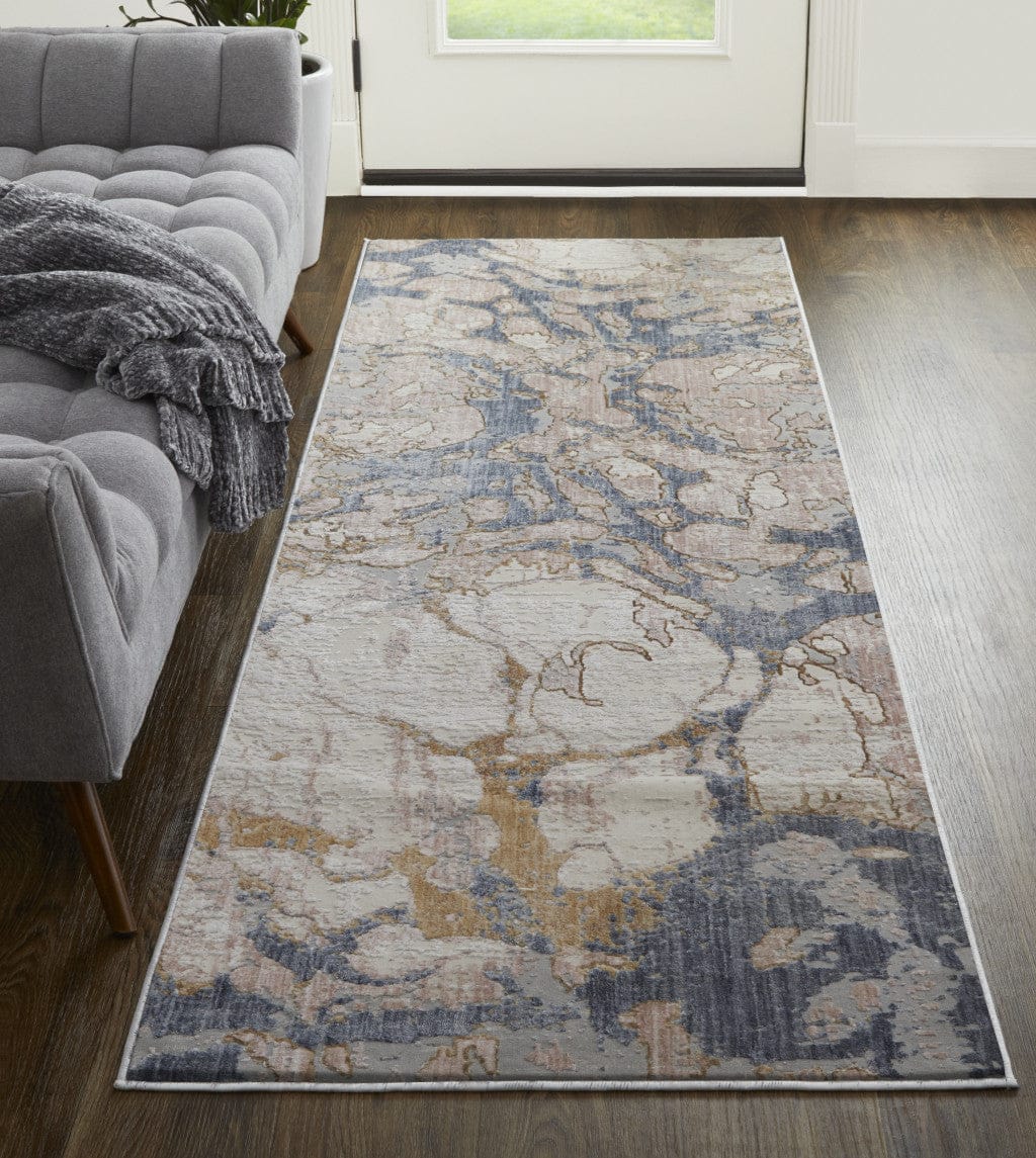 4' X 6' Ivory And Blue Abstract Power Loom Distressed Area Rug