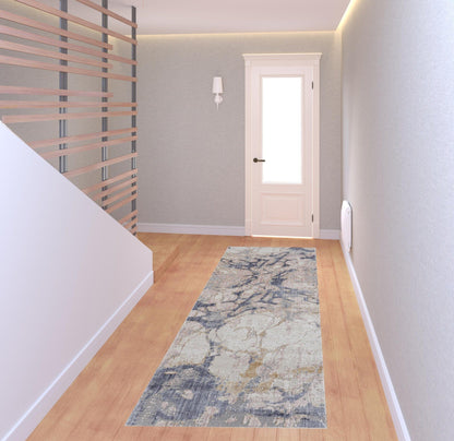 4' X 6' Ivory And Blue Abstract Power Loom Distressed Area Rug