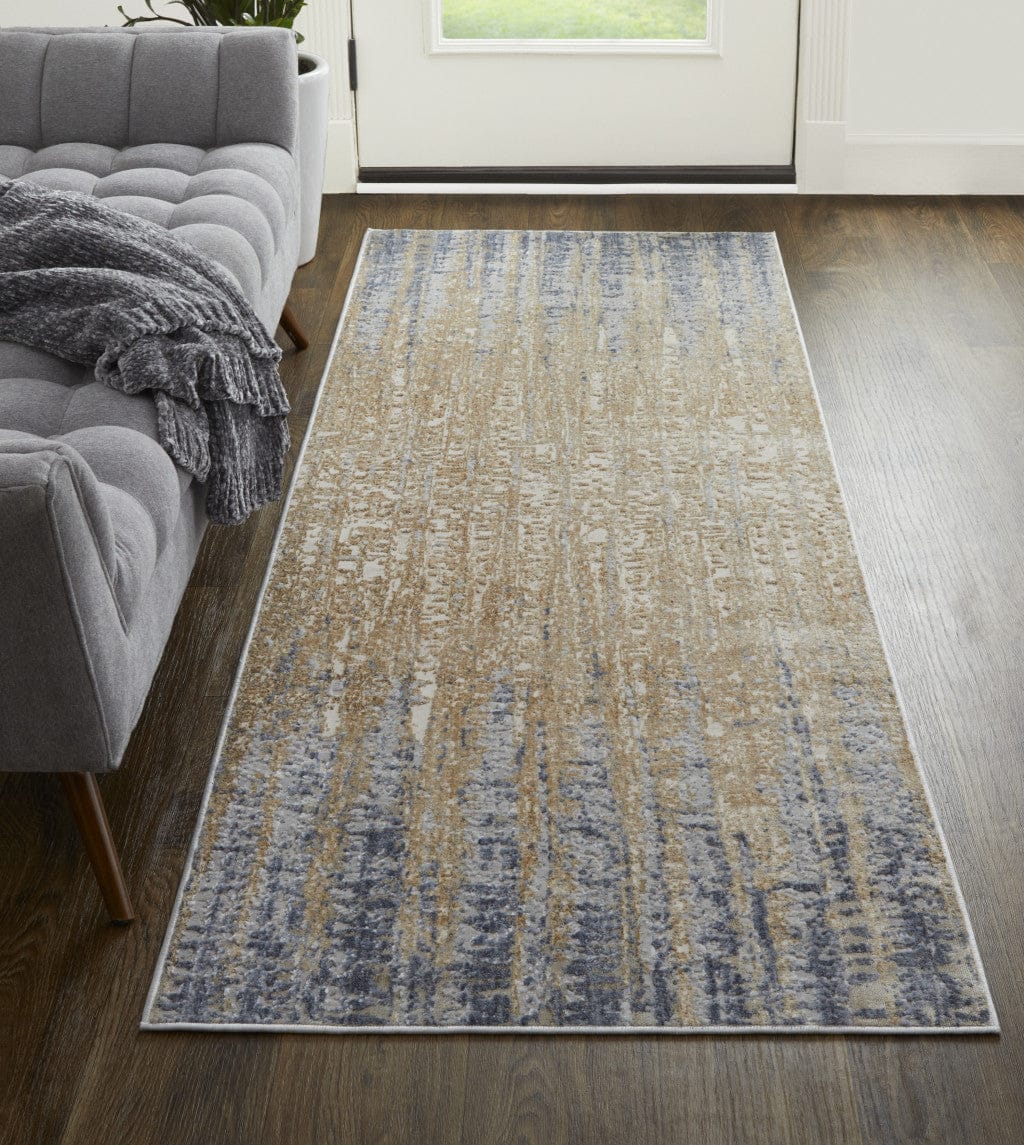4' X 6' Tan Brown And Blue Abstract Power Loom Distressed Area Rug