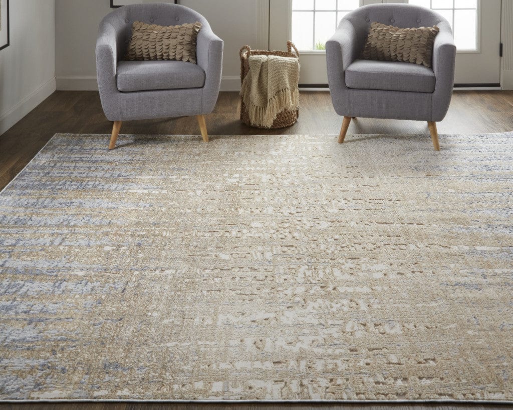 4' X 6' Tan Brown And Blue Abstract Power Loom Distressed Area Rug