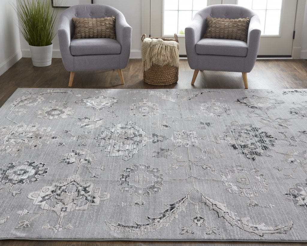 4' X 6' Silver And Black Floral Power Loom Distressed Area Rug
