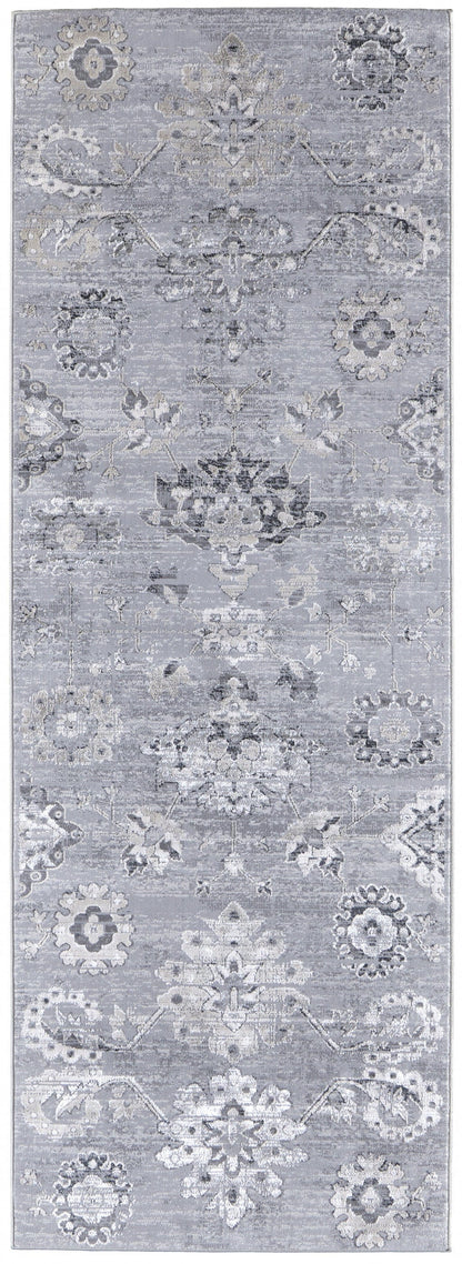 4' X 6' Silver And Black Floral Power Loom Distressed Area Rug