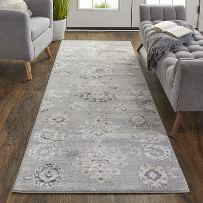 4' X 6' Silver And Black Floral Power Loom Distressed Area Rug