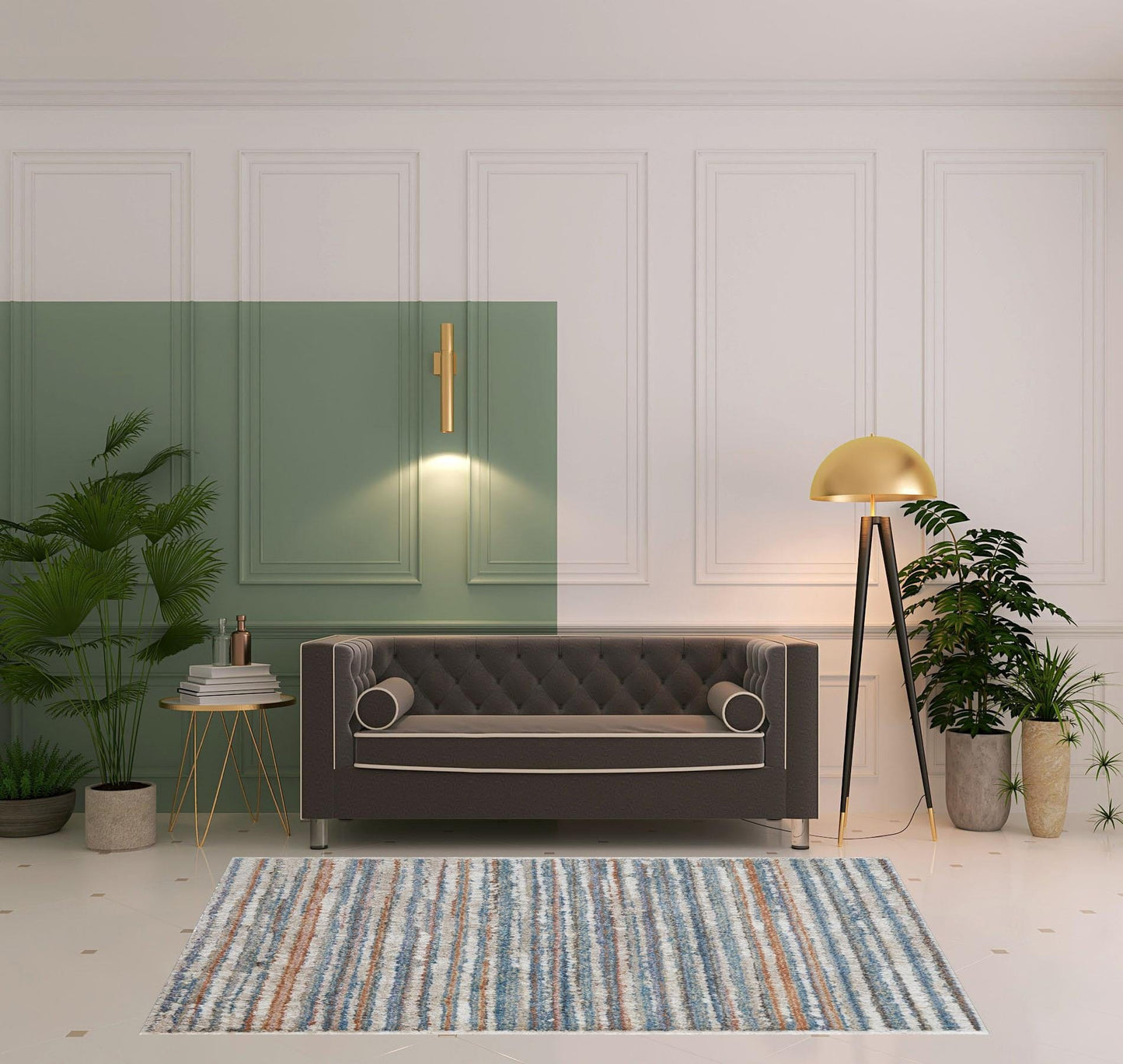 4' X 6' Ivory Blue And Orange Striped Power Loom Stain Resistant Area Rug