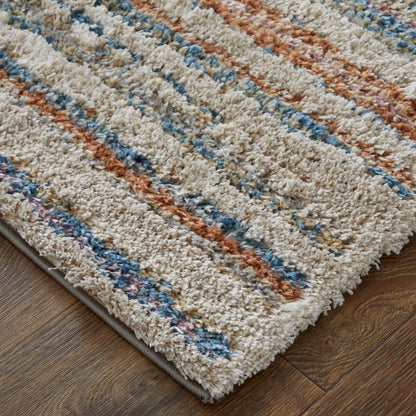 4' X 6' Ivory Blue And Orange Striped Power Loom Stain Resistant Area Rug