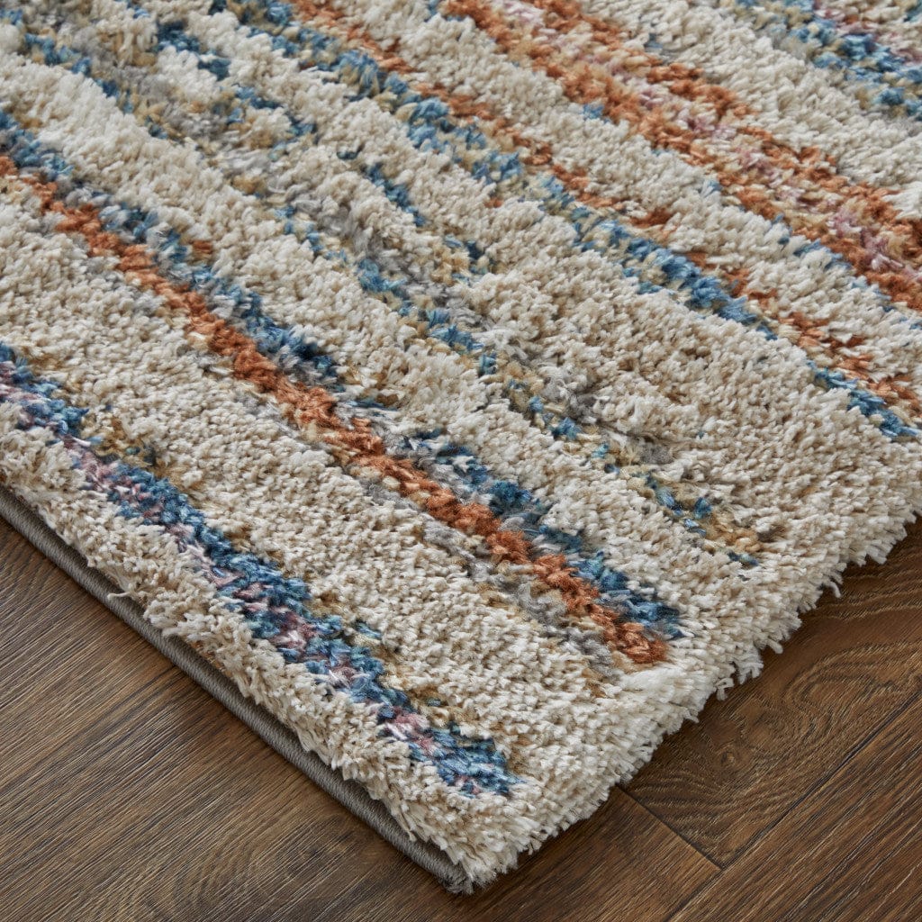 4' X 6' Ivory Blue And Orange Striped Power Loom Stain Resistant Area Rug