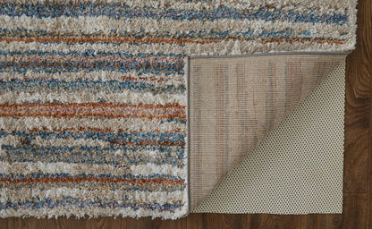 4' X 6' Ivory Blue And Orange Striped Power Loom Stain Resistant Area Rug