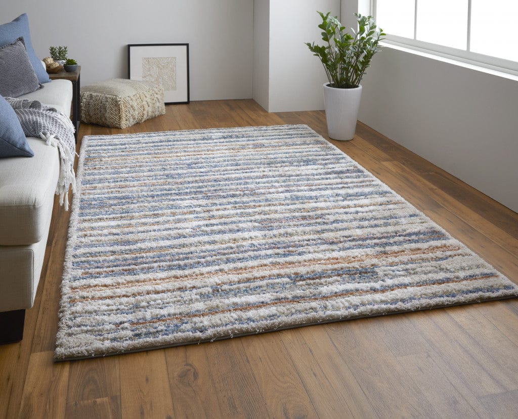 4' X 6' Ivory Blue And Orange Striped Power Loom Stain Resistant Area Rug