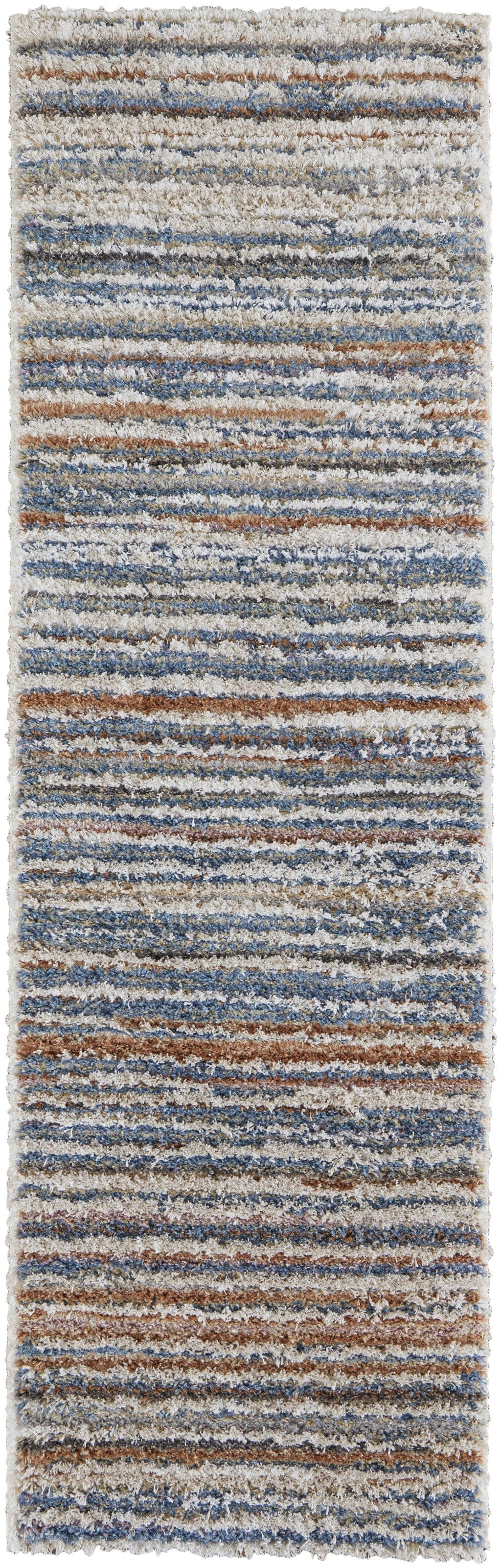 4' X 6' Ivory Blue And Orange Striped Power Loom Stain Resistant Area Rug