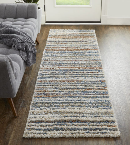 4' X 6' Ivory Blue And Orange Striped Power Loom Stain Resistant Area Rug