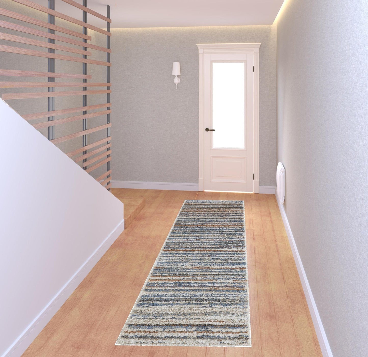 4' X 6' Ivory Blue And Orange Striped Power Loom Stain Resistant Area Rug