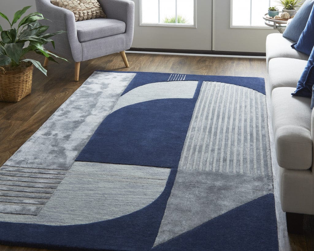 4' X 6' Blue And Silver Wool Geometric Tufted Handmade Area Rug