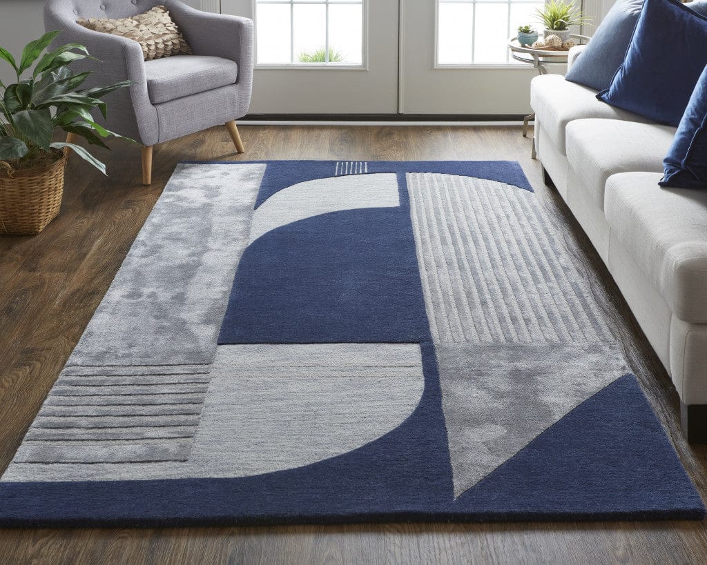 4' X 6' Blue And Silver Wool Geometric Tufted Handmade Area Rug