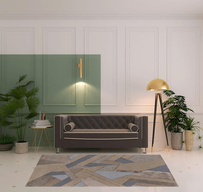 4' X 6' Tan Brown And Blue Wool Geometric Tufted Handmade Area Rug