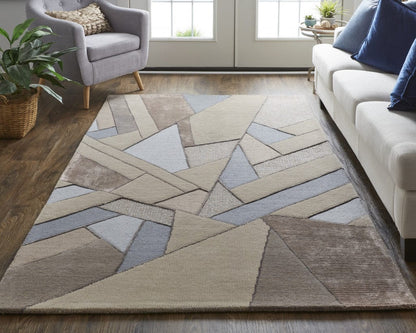 4' X 6' Tan Brown And Blue Wool Geometric Tufted Handmade Area Rug