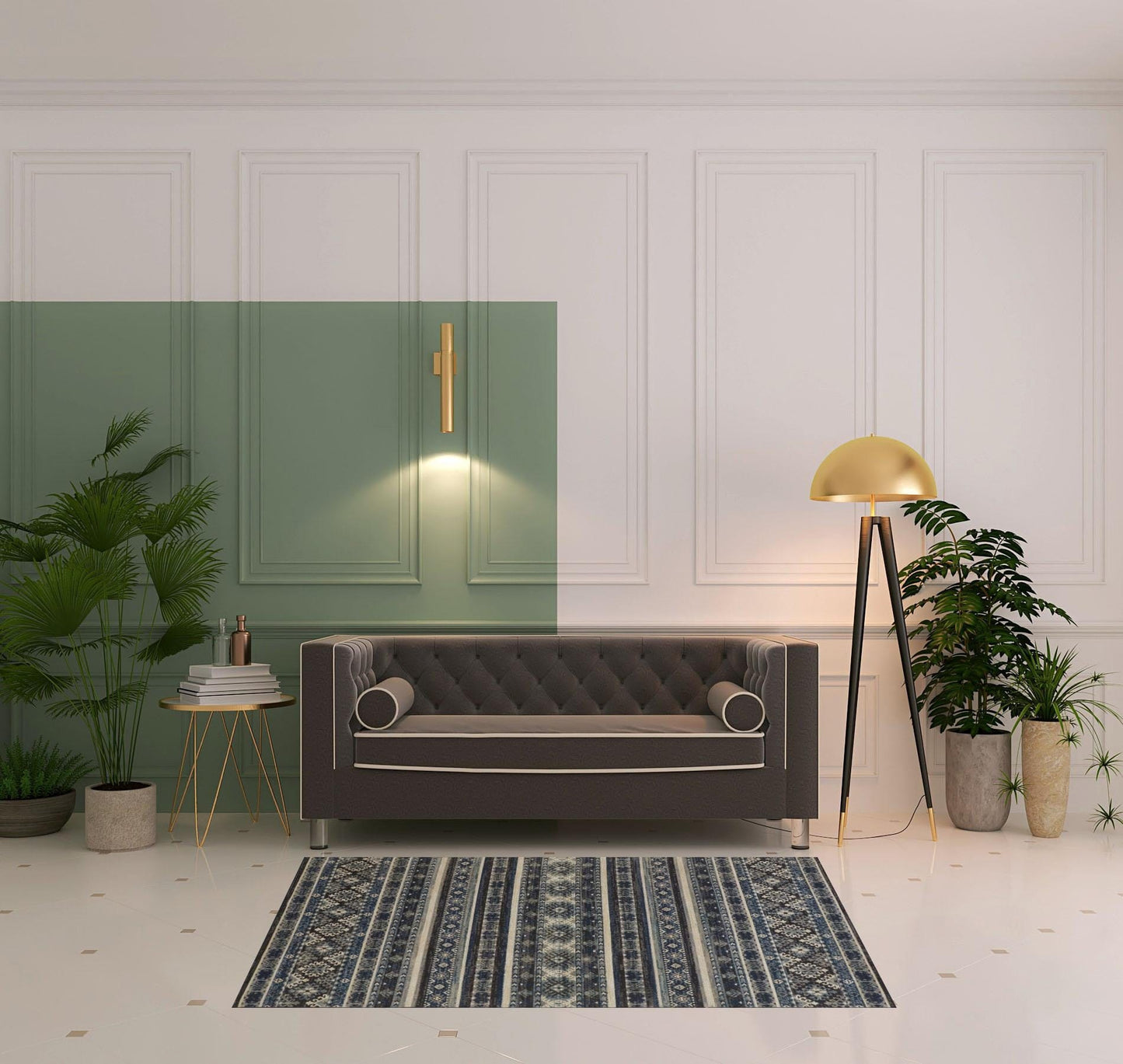 4' X 6' Blue Tan And Black Geometric Power Loom Distressed Stain Resistant Area Rug