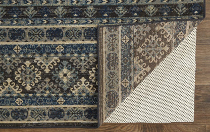 4' X 6' Blue Tan And Black Geometric Power Loom Distressed Stain Resistant Area Rug