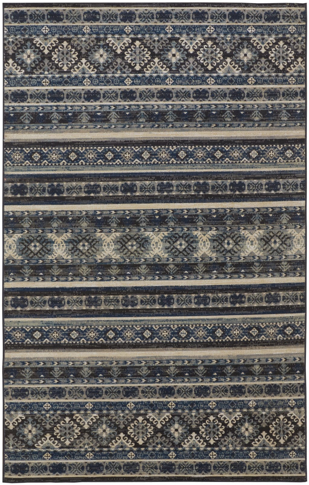 4' X 6' Blue Tan And Black Geometric Power Loom Distressed Stain Resistant Area Rug
