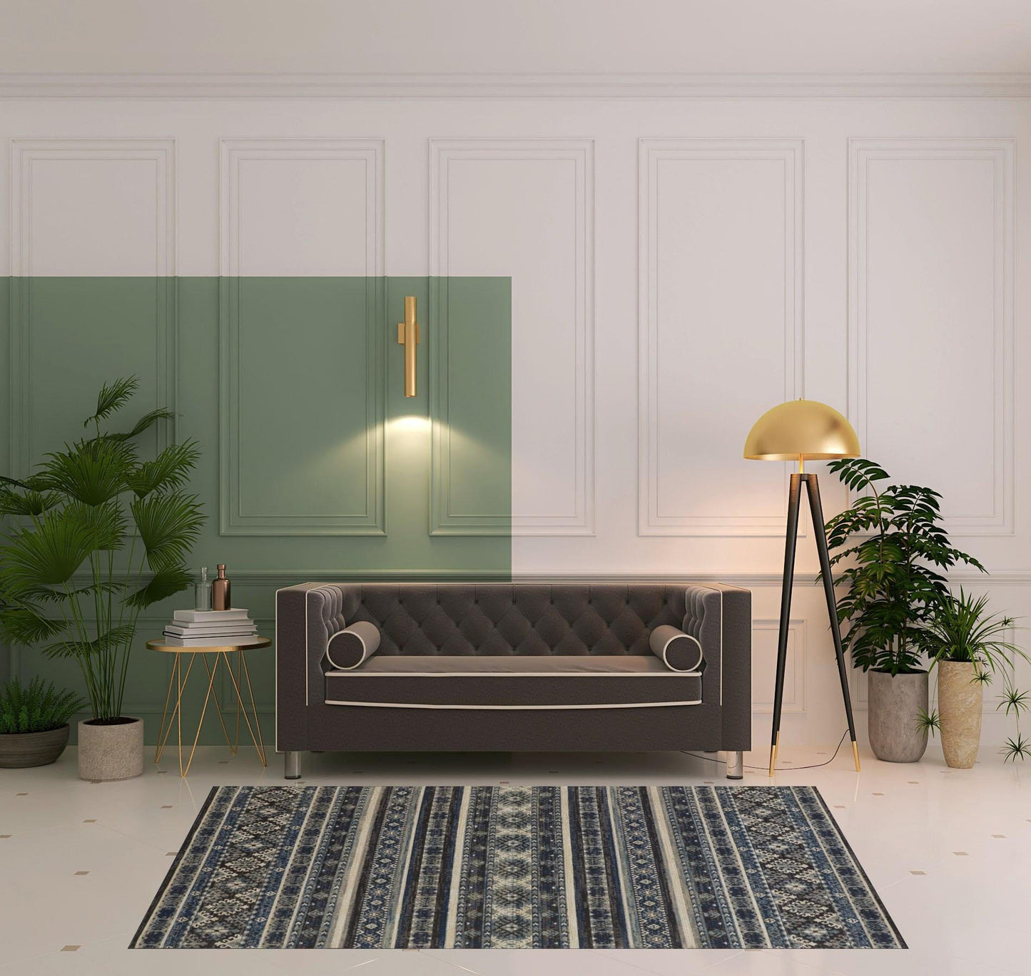 4' X 6' Blue Tan And Black Geometric Power Loom Distressed Stain Resistant Area Rug