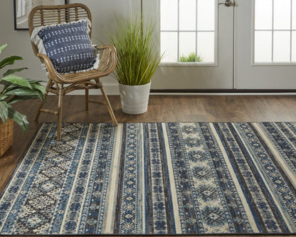 4' X 6' Blue Tan And Black Geometric Power Loom Distressed Stain Resistant Area Rug