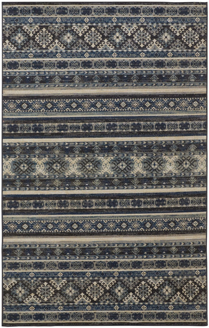 4' X 6' Blue Tan And Black Geometric Power Loom Distressed Stain Resistant Area Rug