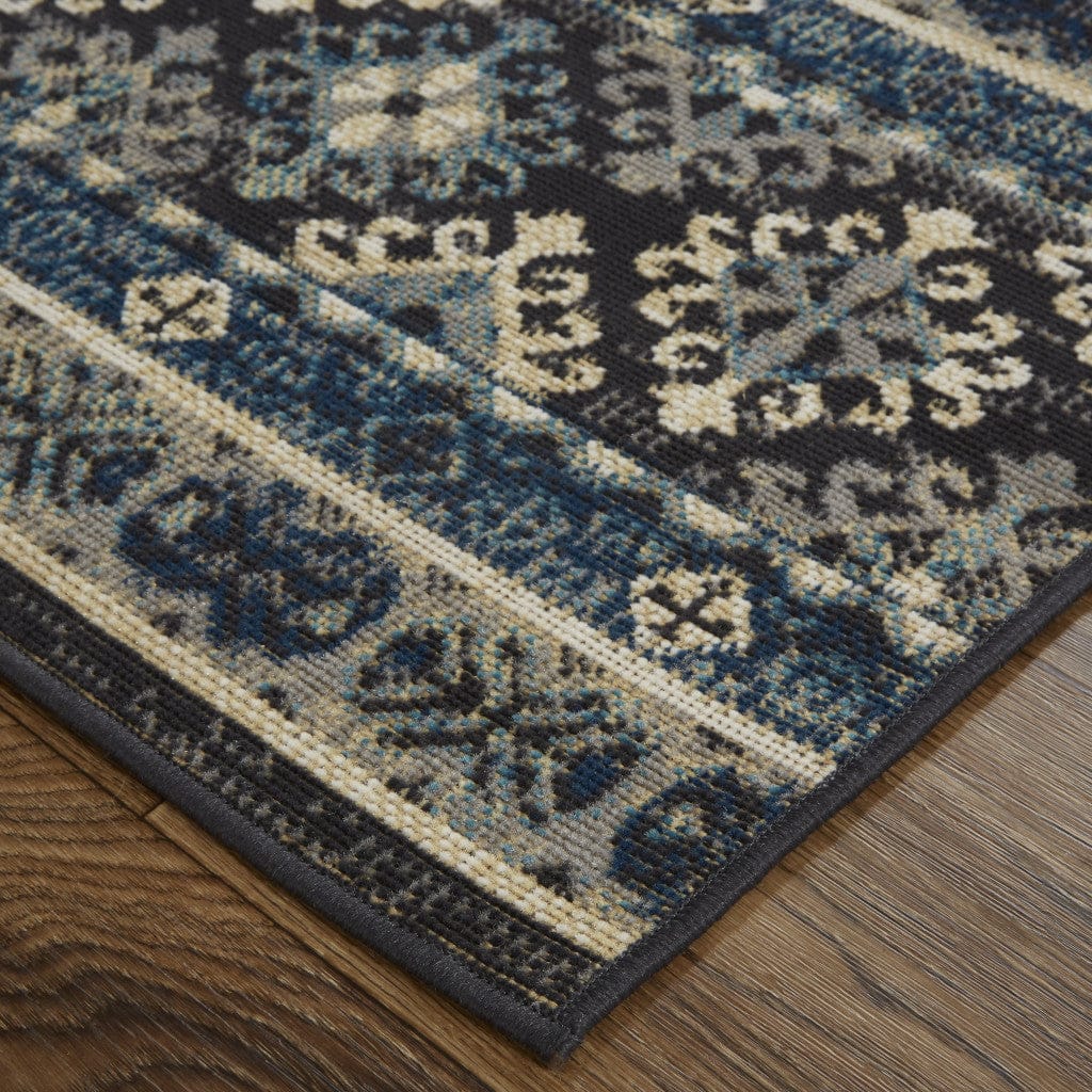 4' X 6' Blue Tan And Black Geometric Power Loom Distressed Stain Resistant Area Rug
