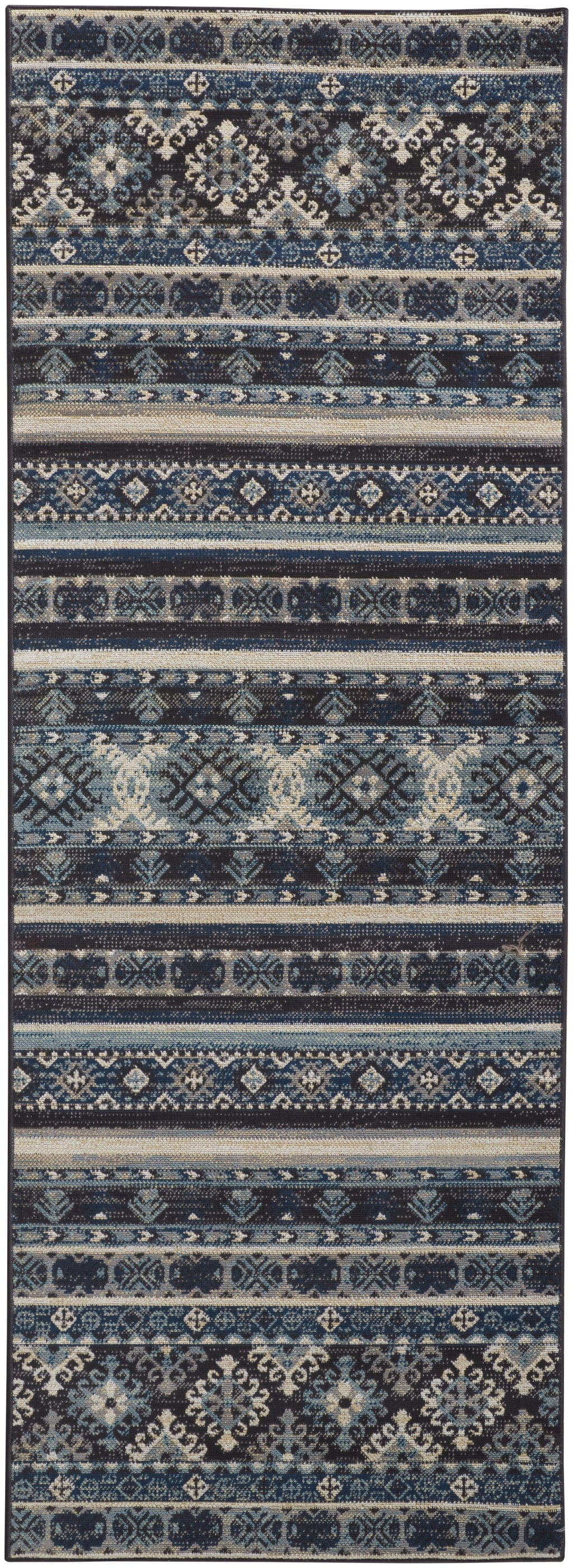 4' X 6' Blue Tan And Black Geometric Power Loom Distressed Stain Resistant Area Rug