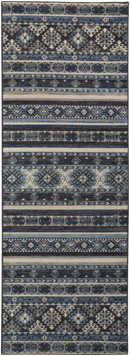 4' X 6' Blue Tan And Black Geometric Power Loom Distressed Stain Resistant Area Rug