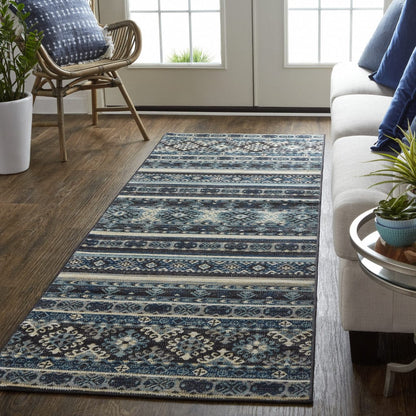 4' X 6' Blue Tan And Black Geometric Power Loom Distressed Stain Resistant Area Rug