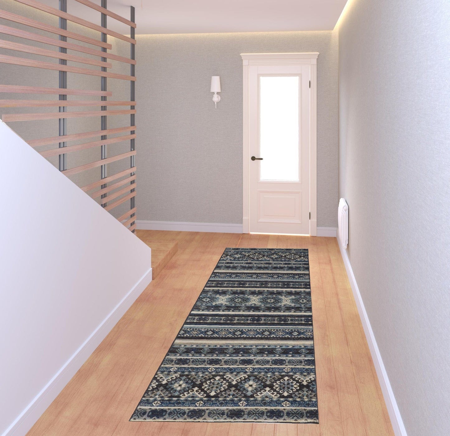 4' X 6' Blue Tan And Black Geometric Power Loom Distressed Stain Resistant Area Rug