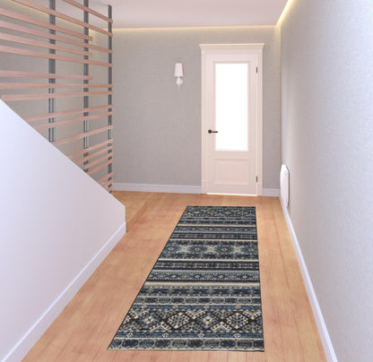 4' X 6' Blue Tan And Black Geometric Power Loom Distressed Stain Resistant Area Rug