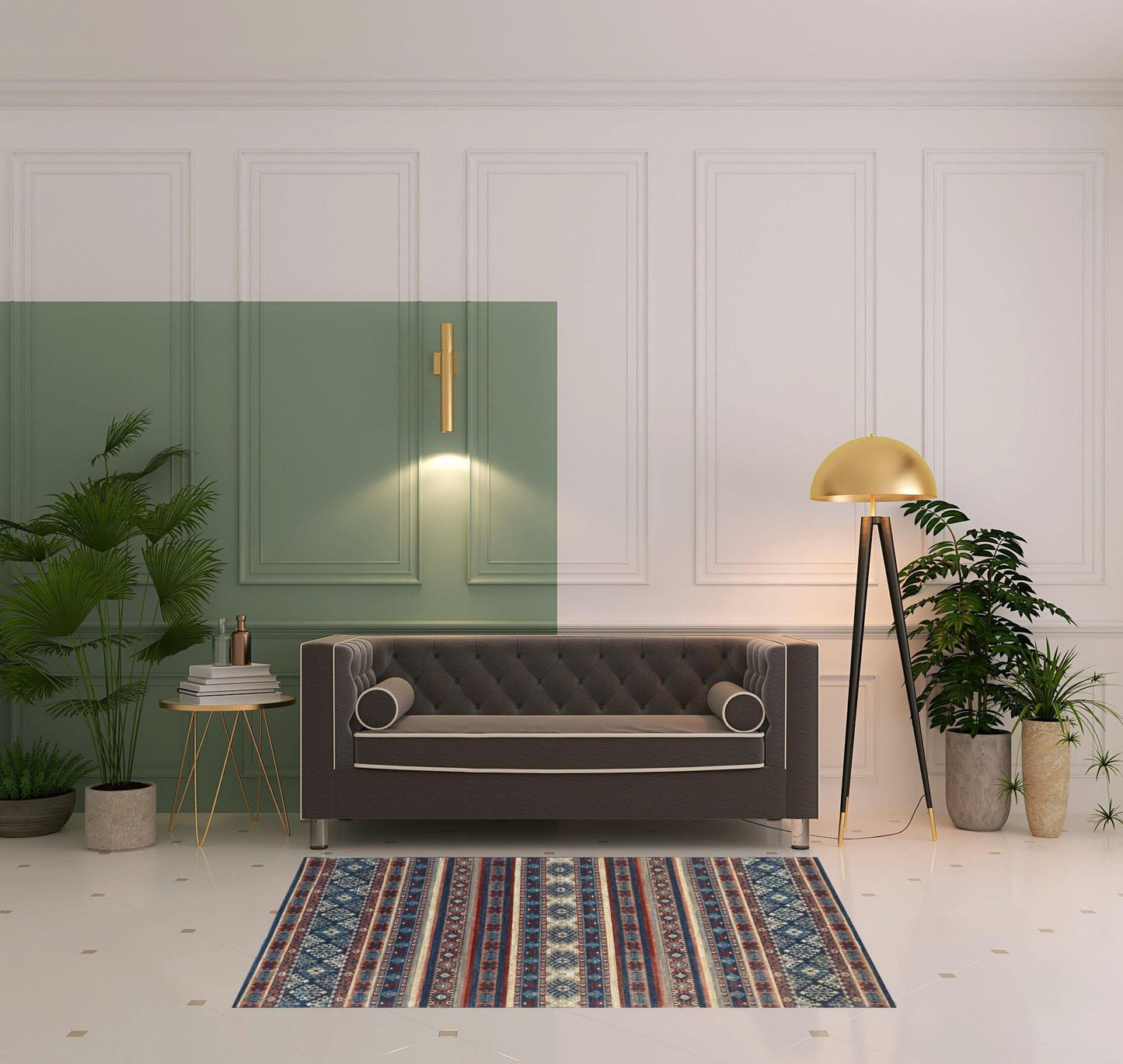 4' X 6' Blue Tan And Black Geometric Power Loom Distressed Stain Resistant Area Rug