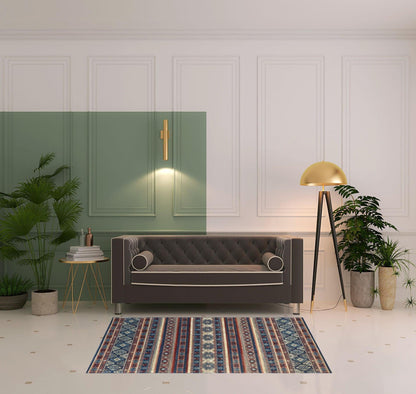 4' X 6' Blue Tan And Black Geometric Power Loom Distressed Stain Resistant Area Rug