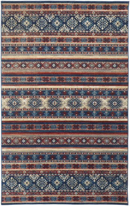 4' X 6' Blue Tan And Black Geometric Power Loom Distressed Stain Resistant Area Rug