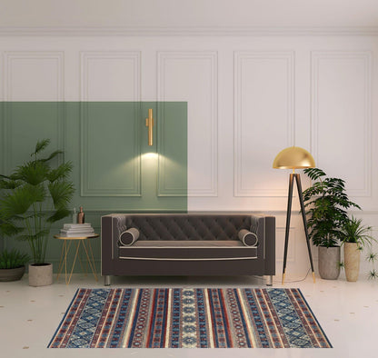 4' X 6' Blue Tan And Black Geometric Power Loom Distressed Stain Resistant Area Rug