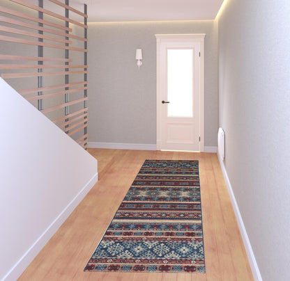 4' X 6' Blue Tan And Black Geometric Power Loom Distressed Stain Resistant Area Rug