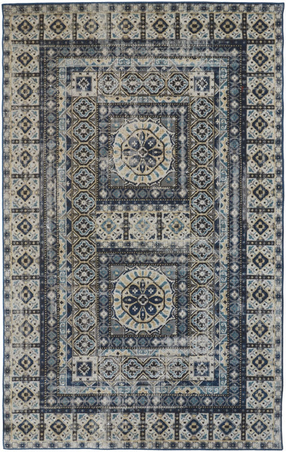 4' X 6' Ivory Tan And Blue Abstract Power Loom Distressed Stain Resistant Area Rug