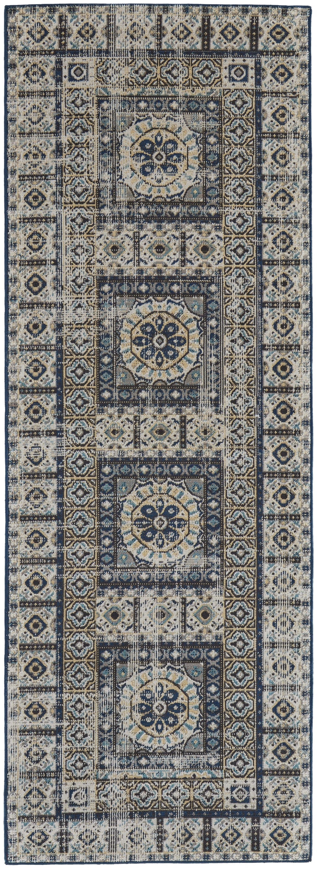 4' X 6' Ivory Tan And Blue Abstract Power Loom Distressed Stain Resistant Area Rug