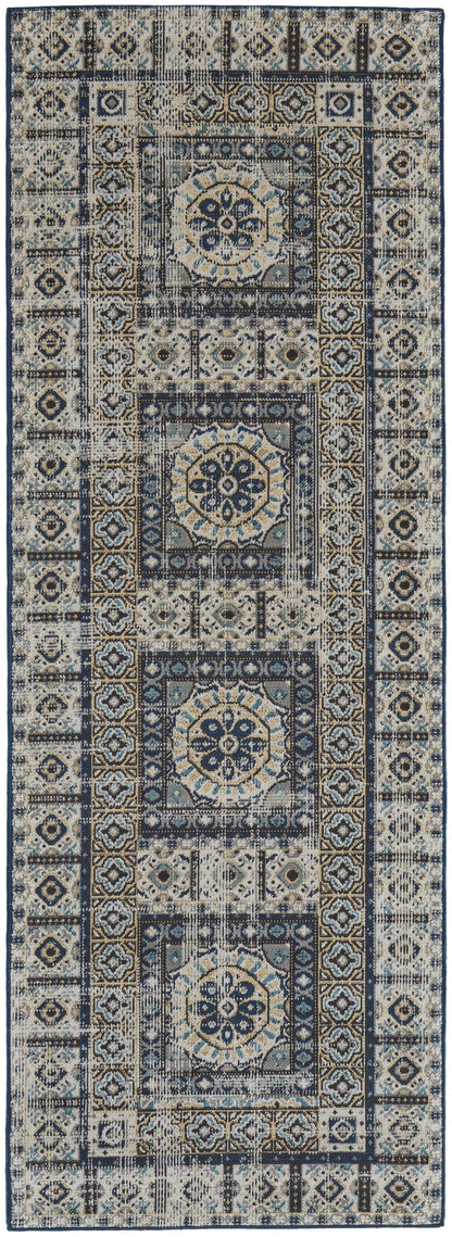 4' X 6' Ivory Tan And Blue Abstract Power Loom Distressed Stain Resistant Area Rug